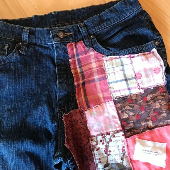 Boho Patch Jeans, Size 12: Upcycled Distressed Hippie Pants, Artisan Patchwork - Picture 5 of 12